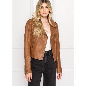 LAMARQUE Donna Luggage Leather Biker Jacket, Brown, Size Large